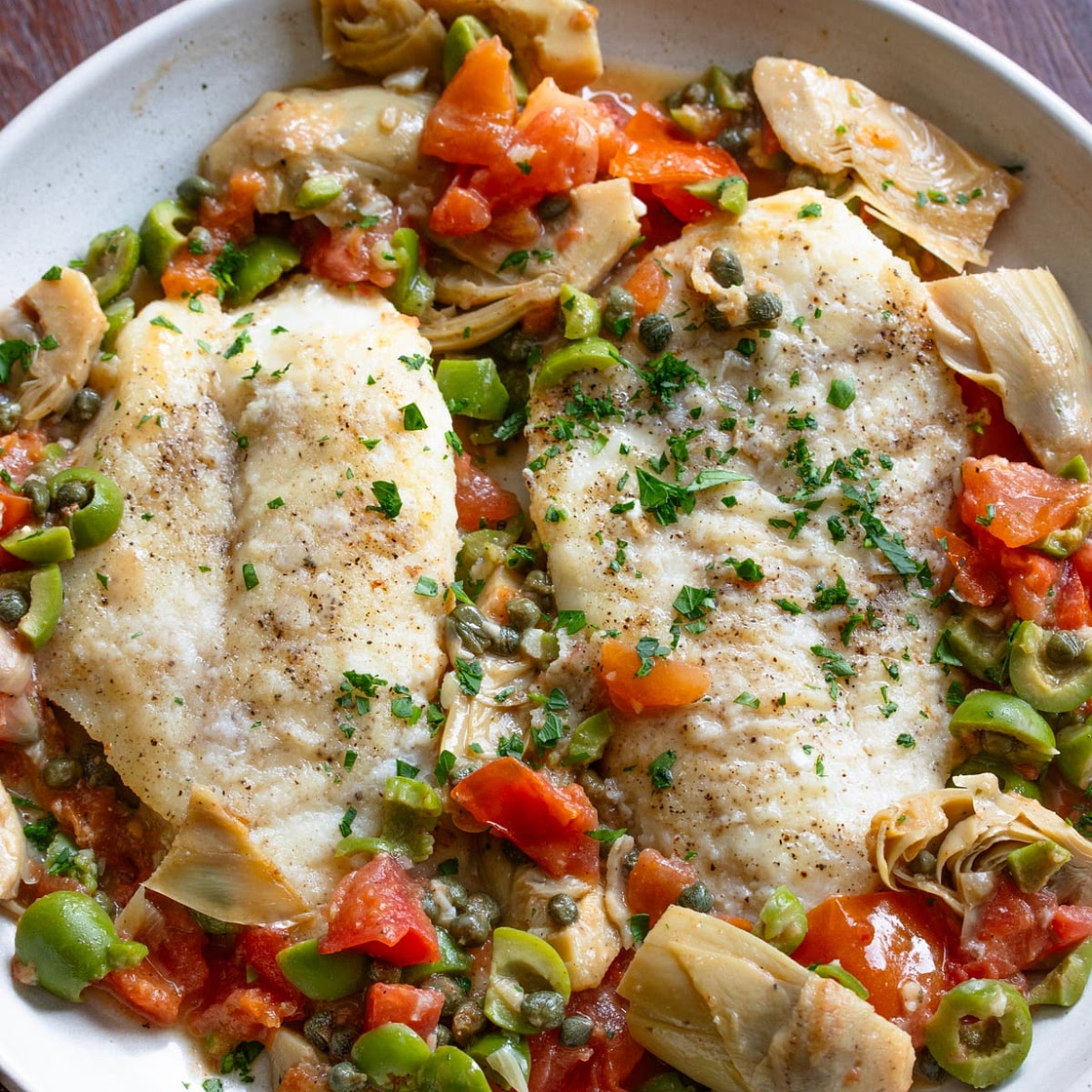 Cod Piccata with Artichokes, Tomatoes and Olives
