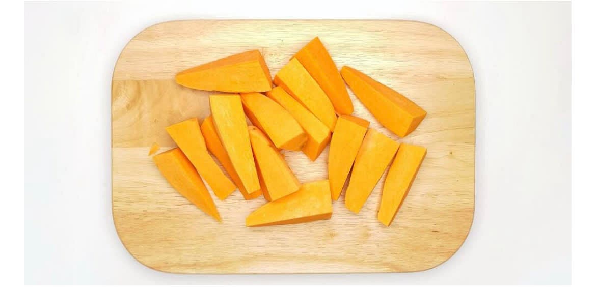 Peel and chop the sweet potatoes into large bite sized pieces.