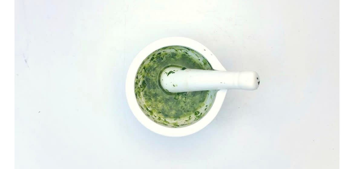 Peel (scrape the skin off with a teaspoon) and roughly chop the ginger. Add the chopped ginger and half the chopped coriander (you'll use the rest later!) to a pestle and mortar with a generous pinch of salt and grind to a paste. Add the juice of the lemon[s] and 1 1/2 tablespoons olive oil (per serving) and give it good mix up. this is your lemon & coriander dressing.