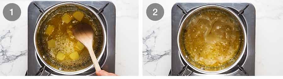 This is used to bake the salmon so it gets infused with incredible sweet-buttery-garlicky flavour while it bakes. Here’s what you need: butter, garlic, honey To make the Honey Glaze, all you do is plonk everything in a saucepan and simmer for a couple of minutes to thicken slightly and bring all the flavours together.