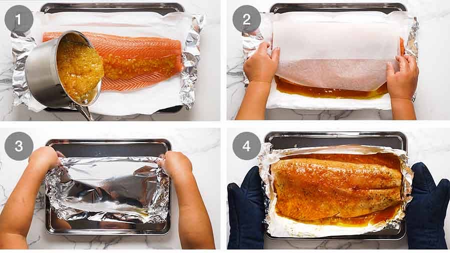 The salmon is baked in foil which is handy for minimal clean up, but actually the main reason is because it holds the glaze around the salmon better while it bakes! Here’s how the salmon is cooked: