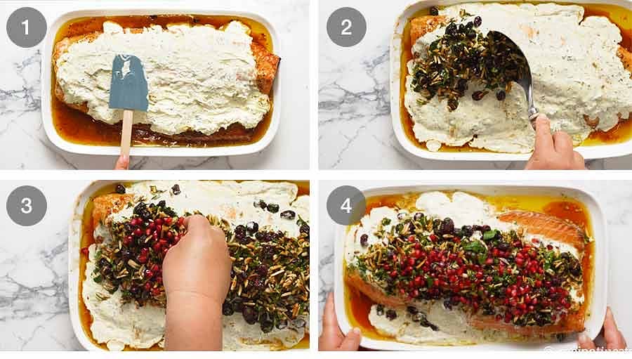 Smother the salmon generously with the Creamy Dill Sauce. Generous is the operative word here! It’s the main sauce for this dish, and it’s also the “glue” for the Tapenade;