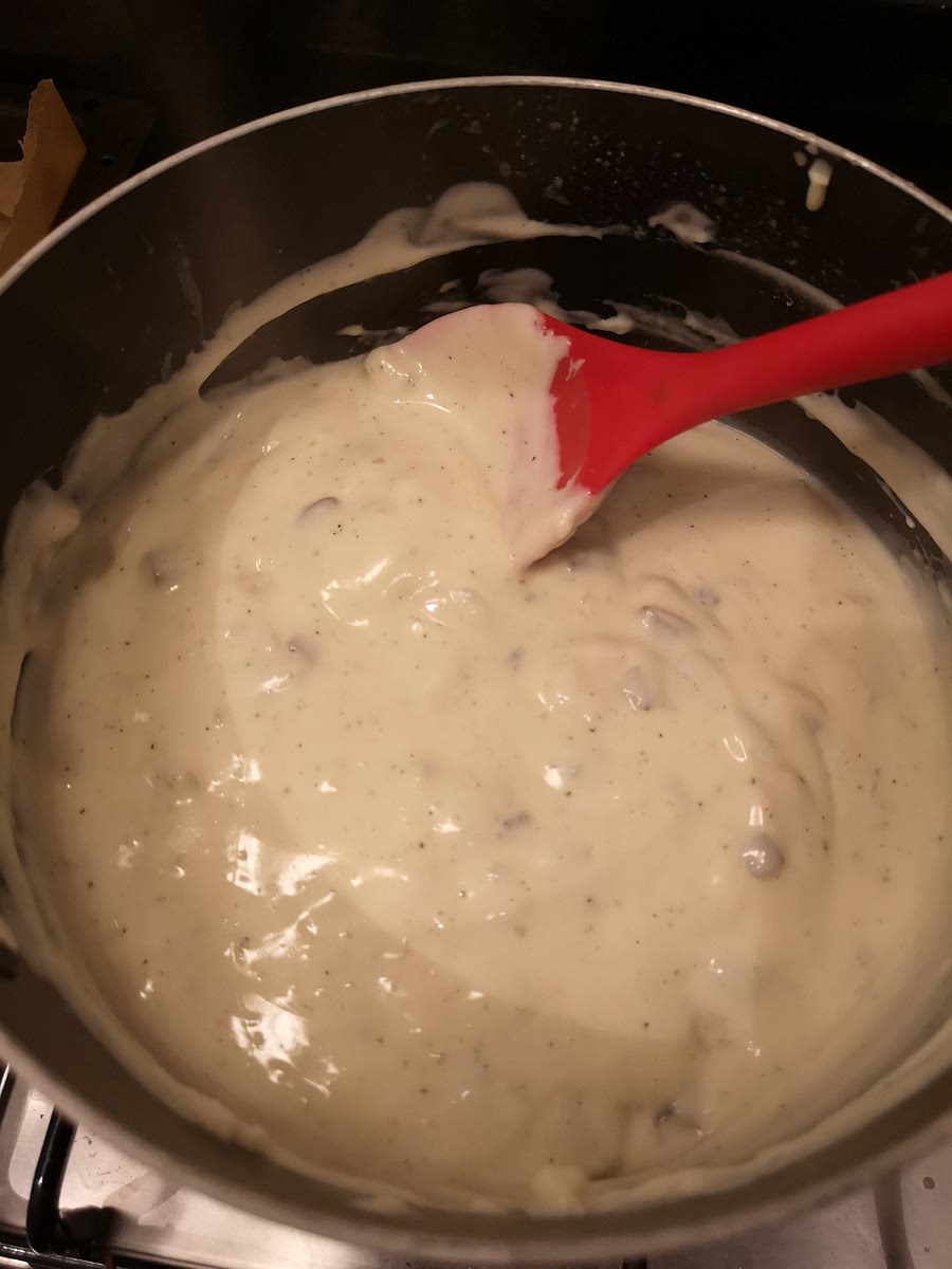 When done add salt, black pepper, and nutmeg.