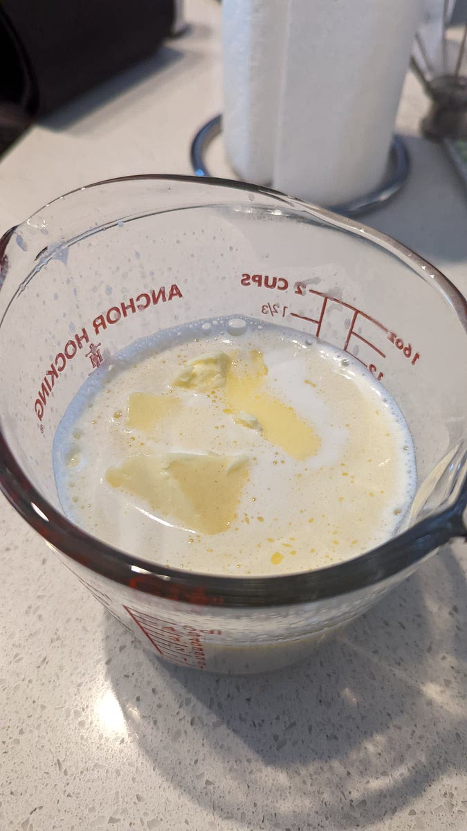 Warm milk and add butter until melted