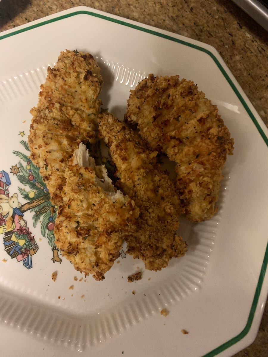 Place in air fryer basket and cook at 375° for 10 minutes. Flip chicken, and cook for another 5 minutes, until coating is golden and chicken is cooked through.