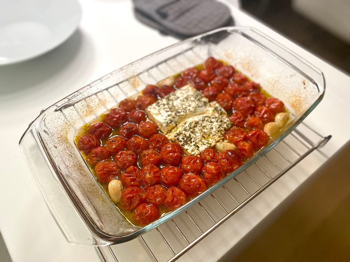 Bake for 25 - 30 minutes until the tomatoes have blistered and feta cheese has softened