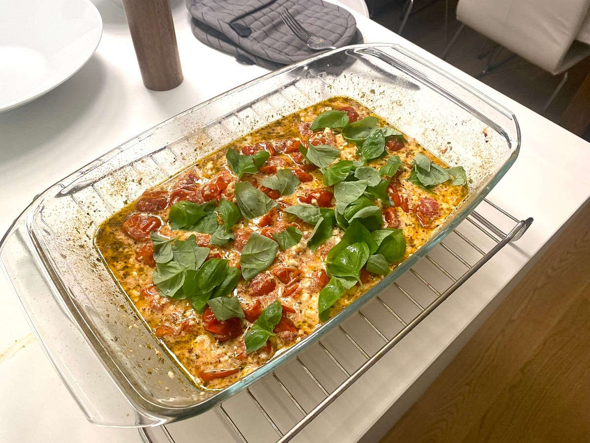 Give it all a mix together breaking up the feta cheese. It will become a nice and creamy sauce-like consistency