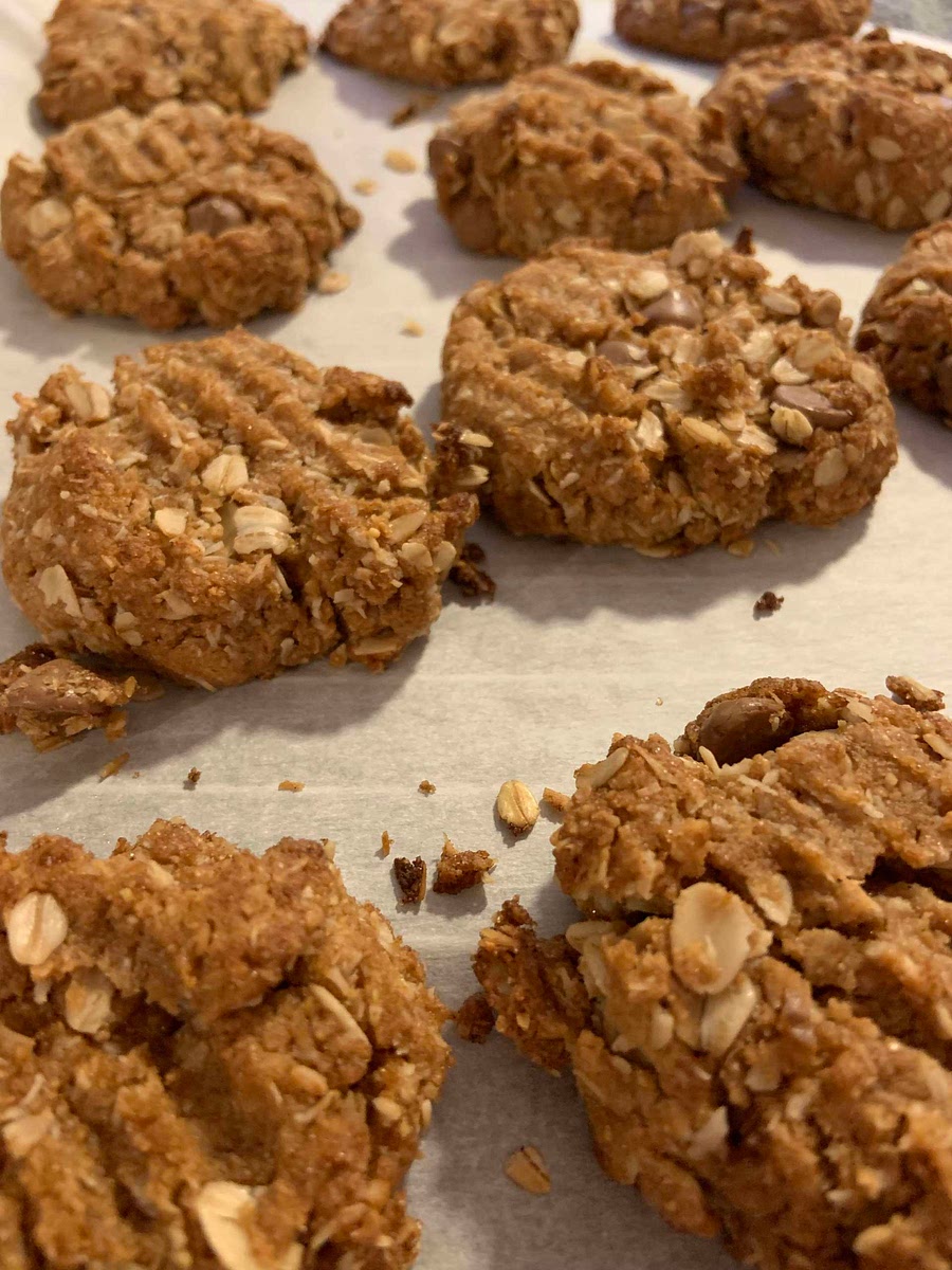 Whisk flax and water, set aside. Mix dry ingredients in a large bowl. Mix peanut butter, vanilla, maple syrup, flax mixture together and add it to the dry ingredients. Lightly wet your hands to form balls. Flatten slightly with a fork. 12 cookies. Bake at 350 for 12-14 minutes.