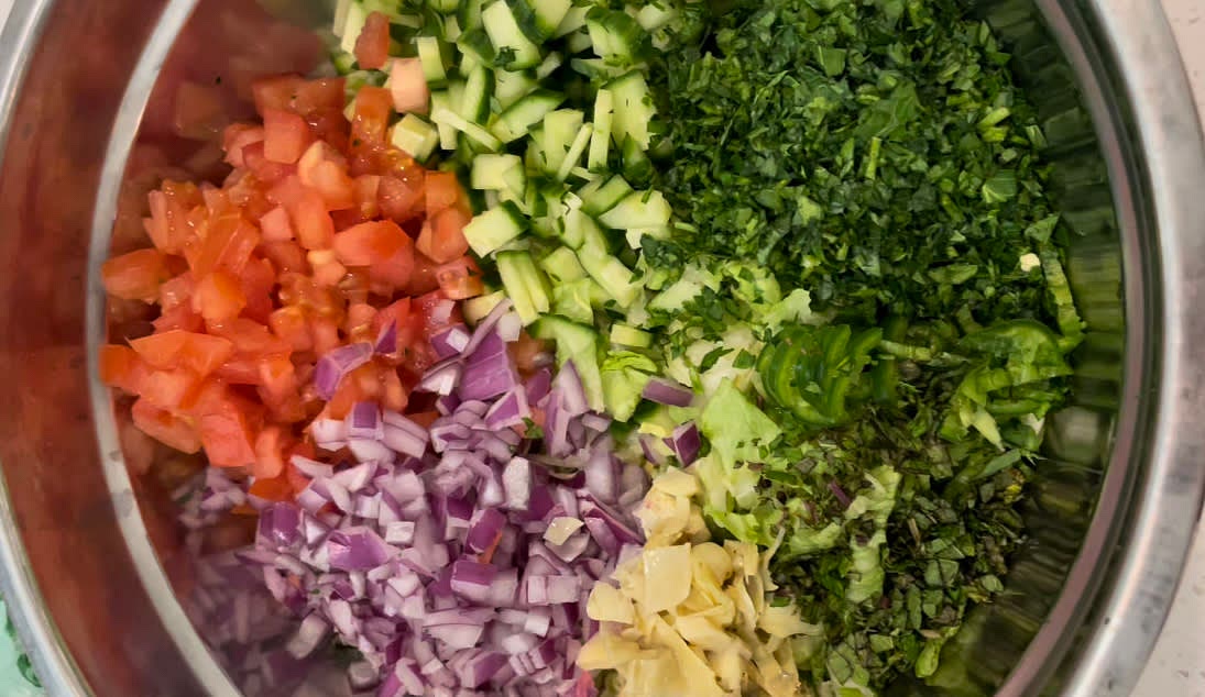 Chop all the ingredients for the salad (you don’t have to use all the ingredients listed or you can freestyle without any veggies you have)