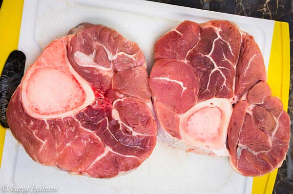 You need two meaty beef shanks (~2.5 lb) for the stock. I use my 3-quart crock-pot for cooking it. Add about 2 quarts of cold water to the shanks, cover, and turn the heat on high. It will start to boil slowly in an hour or so. Turn heat to low and let it simmer for another 3 hours.