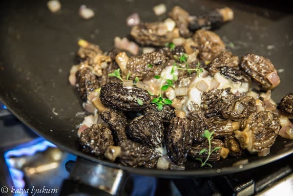 Choose the tiniest morels and quickly sauté them on high heat to evaporate extra moisture. Add scooped Langres cheese. Stir it in, let it melt. Pictures! Don't forget to let the world know what you are cooking.