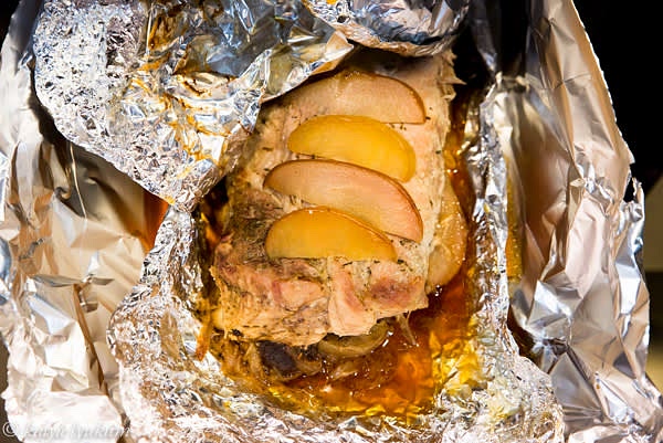 In 3 hours, uncover the top of the rack, remove apples, brush with BBQ sauce and broil for 2 minutes before serving now.