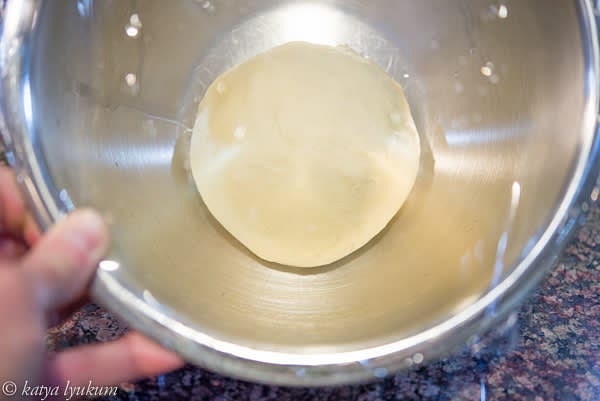 Mix all ingredients and knead a soft dough. It will be sticky at the beginning. In the end, the dough becomes smooth and elastic. Form a ball, place it in a bowl, cover with plastic wrap, and let it stay at room temperature for about 45 minutes (74F) to 1 hour (72F) for the first fermentation.