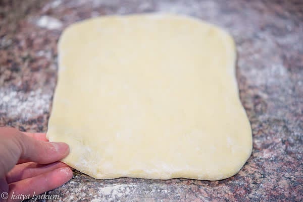 Flatten it and shape a 6" square on a flour-dusted working surface. Let it rest for 10 minutes.