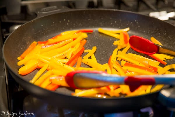 Repeat with peppers. Add cooked peppers to mushrooms.