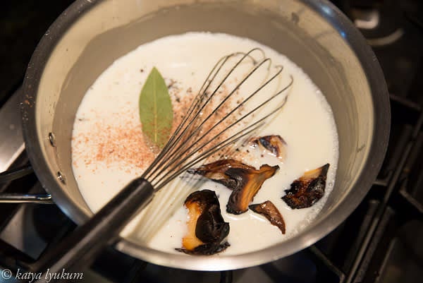 Add the rest of the milk, charred onion, clove, bay leaf, black pepper, nutmeg, salt, and bring it to simmer. Cook for about 30 minutes, stirring. Strain hot sauce, mix with grated cheese until melted, and adjust seasoning to your taste. Keep refrigerated in a closed container until ready to use.