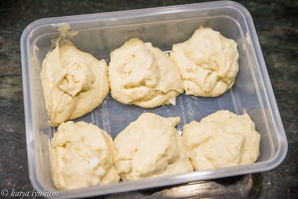 Prepare a container with a lid. Scoop six portions of dough into it, cover, and refrigerate for 8 to 24 hours before baking waffles.