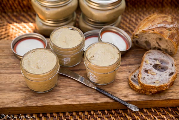 Prepare clean jars and lids. Blend the mixture in a blender until smooth for about 1 minute. Add cold cubed butter (to prevent overcooking) and blend on low speed for another 30 sec or just until completely emulsified. Transfer the pate into the jars while it is still warm — it makes it easier to avoid air bubbles trapped in the pate. Fill the jars to the top and close the lids. Refrigerate pate until firm, for at least 2 hours, before serving.