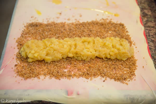 Spread the bread crumbs mix on a latter size area. Place the apples over the bread crumbs, and drizzle 1 tbsp of melted butter on the rest of the stretched dough.