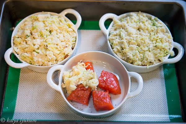 Preheat oven to 425F. Prepare ramekins. Place 4oz of salmon fillet on the bottom of each ramekin and cover with potato and cabbage mix.