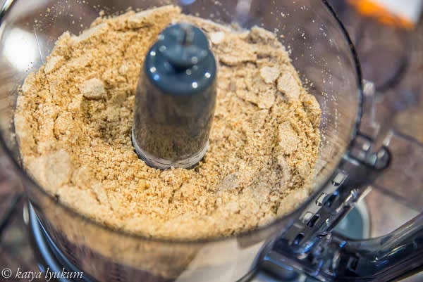Place all dry ingredients in a food processor bowl with S-blade for chopping and process at high speed for a few minutes. The dry mix will look like fine crumbs.