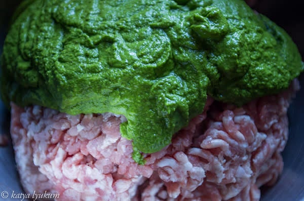 Chop all vegetables, spices, seasonings, and greens and blend them into a smooth puree. Combine them with meat and mix well. Use an electric mixer with a paddle attachment for more significant amounts of meat.