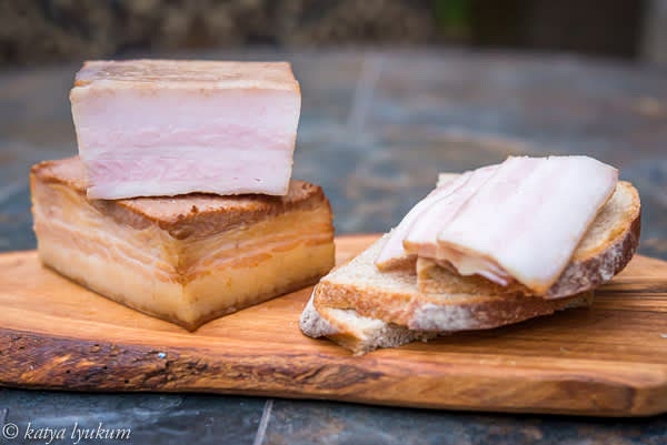 Use a pellet smoker, 180F, 1 hour, to smoke the salo. Place smoked pork belly in closed containers and store refrigerated for up to 1 week. For longer storage, vacuum pack and freeze for up to 6 months.