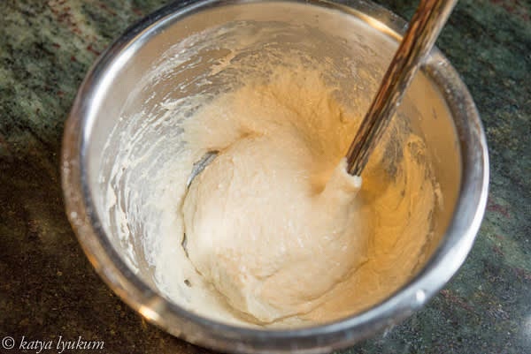 Make dough #1. Mix well to a paste consistency, cover with plastic wrap, and leave at room temperature (74F) for 1 hour.