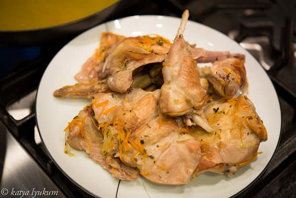 Remove rabbit portions from the pot.