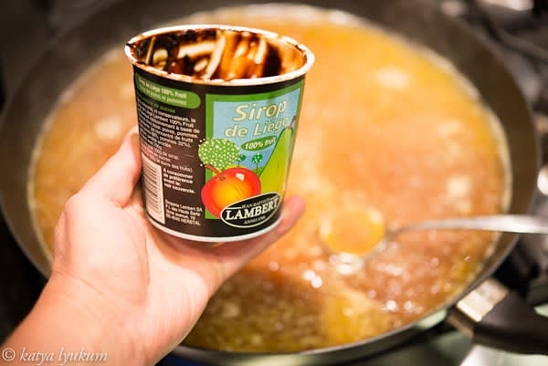 Closer to the end of the process, add Sirop de Liège. Stir well to combine it with the stock.