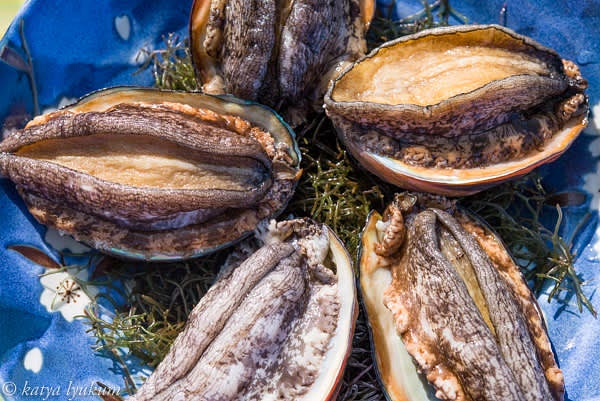 If the mantles of abalone are curled, rub them with sea salt or blanch them in ocean water to relax the muscle. Preheat your grill to medium heat. In a pot, bring 1/2 gallon of ocean water to boiling.