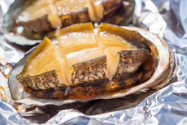 Score medium-sized abalones, place them back into their shells, place a small piece of butter on each one, pack into a foil, and place on a hot grill.