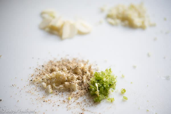 Peel and mince 3 tsp of fresh garlic. Finely chop cilantro stems.