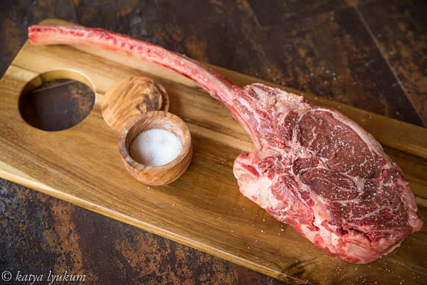 Preheat oven 300F. Season the steak with salt and black pepper, wrap in foil, and cook in the oven for 45 minutes.