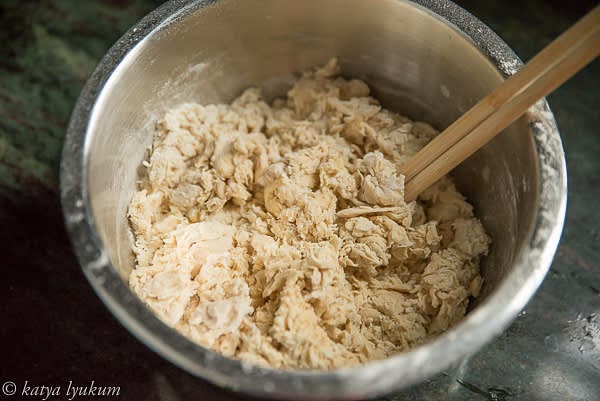 Combine bread flour and Saf yeast in a large bowl with a whisk. In a small bowl, combine all poolish, lukewarm water, salt, and barley syrup. Add it to the flour. Using chopsticks, mix dry and liquid ingredients to make flaky crumbs.