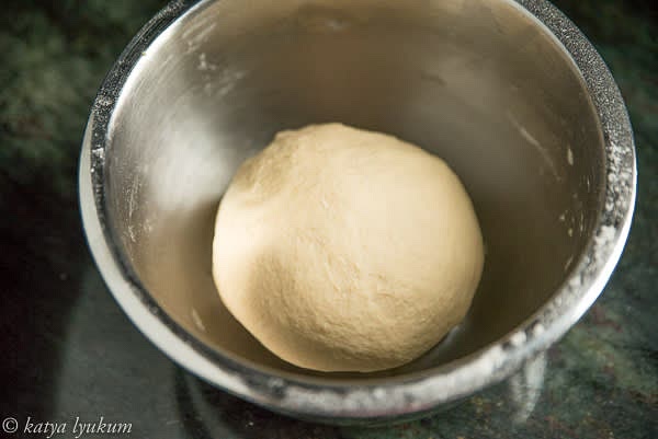 Add softened butter and make a dough. Knead by hand for about 5 minutes until smooth and elastic. Shape the dough into a ball, place in a large bowl, cover with plastic wrap and let ferment for 1 hour at room temperature (~72F).