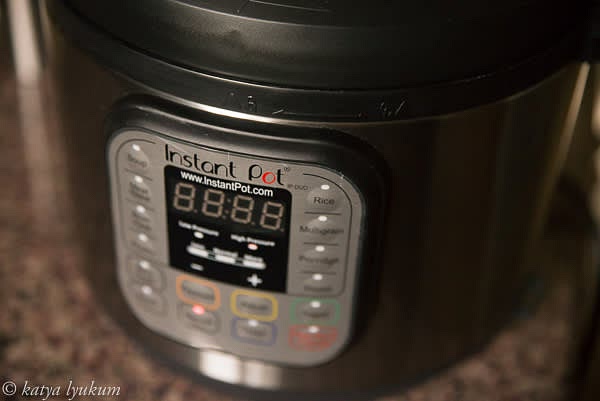 Close and lock the lid. Press Manual and use +/- buttons set for 9 minutes pressure cooking time. When time is up, turn the pressure cooker off (do not keep it in a Warm mode) to let it naturally depressurize and cool down for another 45 minutes.