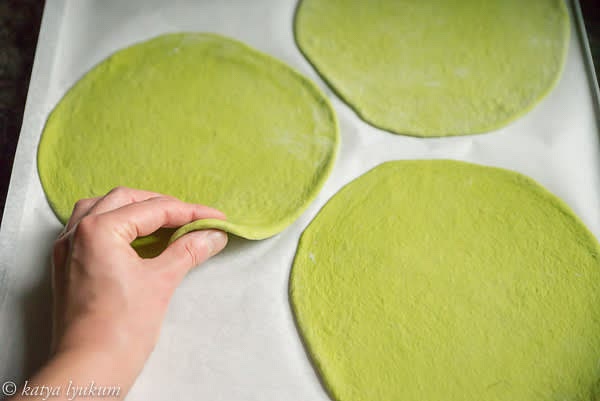 Place shaped disks on a baking sheet lined with parchment paper. Leave discs uncovered to form skin that will puff up during the baking.