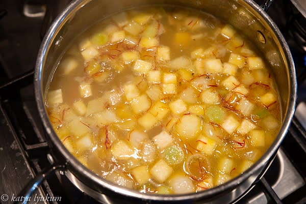 Wash and peel potatoes. You have an option to cook and serve them in a separate dish or with the seafood. If serving separately, slice them into 1/4" rounds. Otherwise, dice them. In a pot, cover potatoes with seafood stock, bring to simmer, and cook for about 15 minutes until done if serving separately or for 10 minutes if plating with seafood. *As an option, reserve some diced vegetables (leeks, fennel, carrots, and celery) for this step. They will add more texture to the stew.