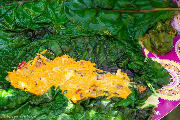 Divide the sauce into 8 equal portions and spread them on 8 steamed chard leaves. Fold each leaf along the central stem and roll.