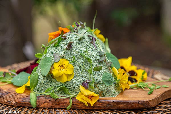Cover the whole cake with the rest of the sauce and let it rest refrigerated for at least 24 hours, to let the dough absorb some moist from the sauce. If you like the dough softer, keep the cake rest for 2 or 3 days. Decorate with edible flowers and micros right before serving. To make slices attractive, use a sharp knife with a long blade making a sawing motion (do not press down!).