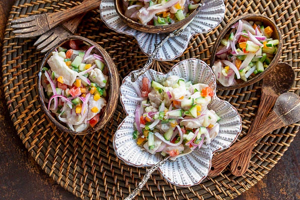 Strain marinade. In a bowl, combine fish and vegetables. Taste and adjust seasoning if needed.