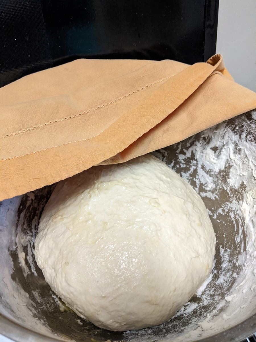 When the dough becomes tough, but springy and only slightly sticky, grease with a glug of olive oil, spreading to cover the ball.