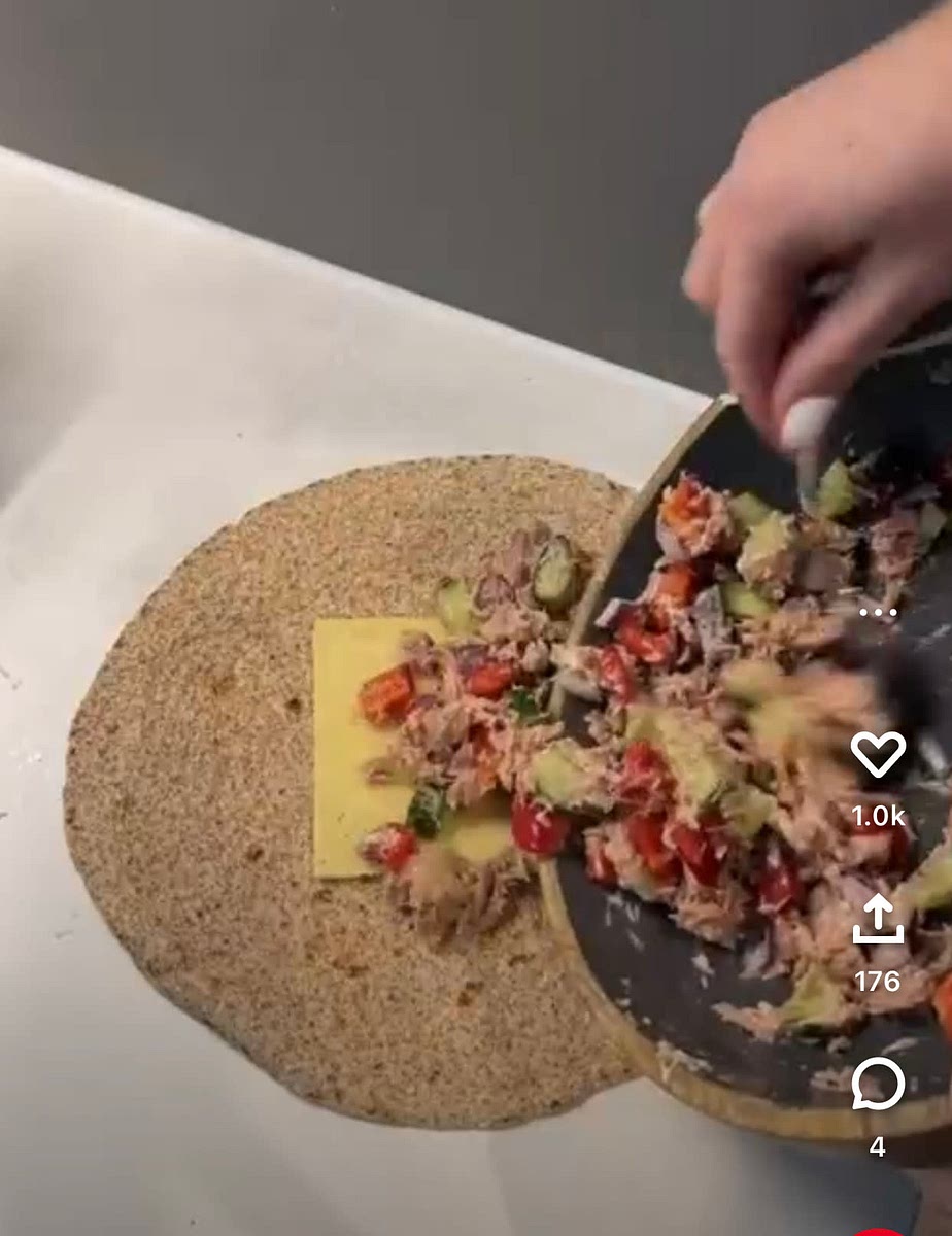 Lay out tortilla with a slice of havarti or cheese of preference, and scoop the mixture onto it, shaping it to sit on the cheese