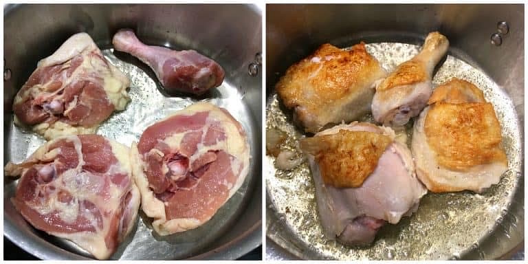 Heat the lard in a heavy pot and brown the chicken on all sides (traditionally the chicken is simmered without browning it but we HIGHLY recommend doing so – it vastly increases the flavor of the final dish). Transfer the chicken to a plate.