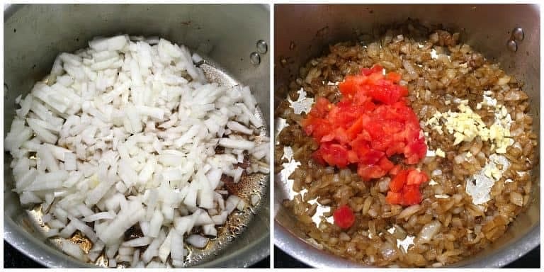In the same oil, add the onions and fry until golden brown. Add the garlic and tomatoes (and pepper if using) and fry another 2-3 minutes.