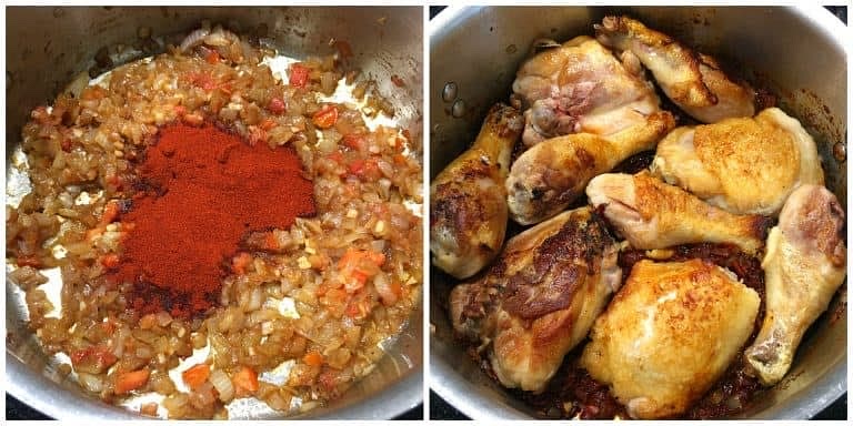 Remove the pot from the heat and stir in the paprika, salt and pepper (paprika becomes bitter if scorched). Return the chicken to the pot and place it back over the heat.