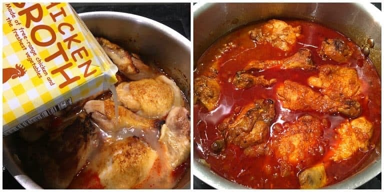 Pour in the chicken broth. The chicken should be mostly covered. Bring it to a boil. Cover, reduce the heat to medium-low and simmer for 40 minutes. Remove the chicken and transfer to a plate.