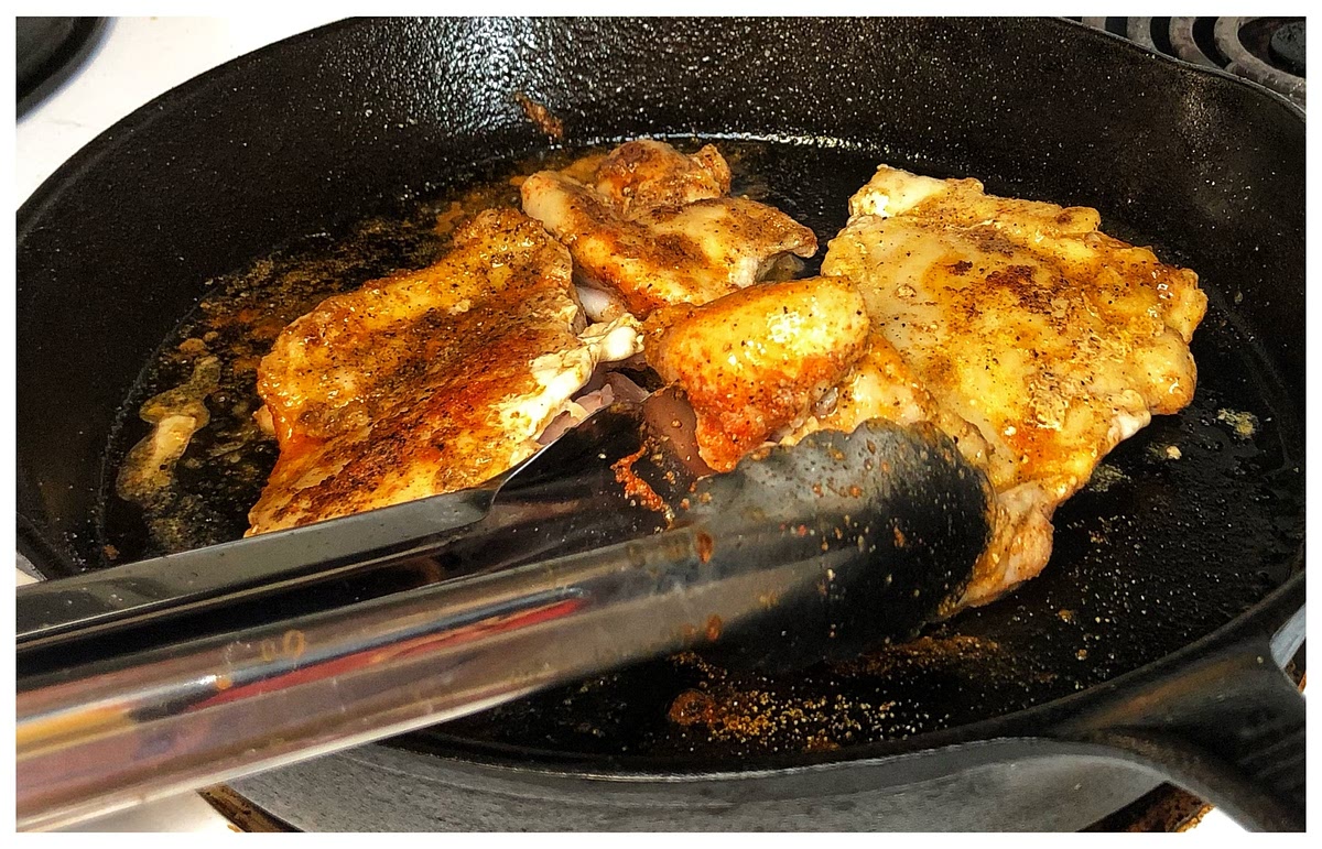 Season both sides of the chicken with paprika, onion powder, garlic powder, salt, and pepper. Place into preheated pan and brown for 4 to 5 minutes on both sides. Remove and set aside once browned.