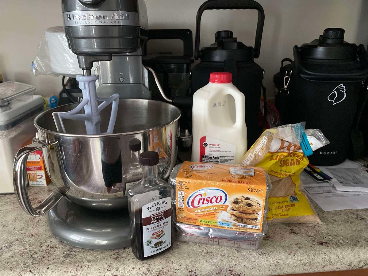 Beat Crisco, brown sugar, milk, and vanilla in a large bowl with mixer on medium until we’ll blended.